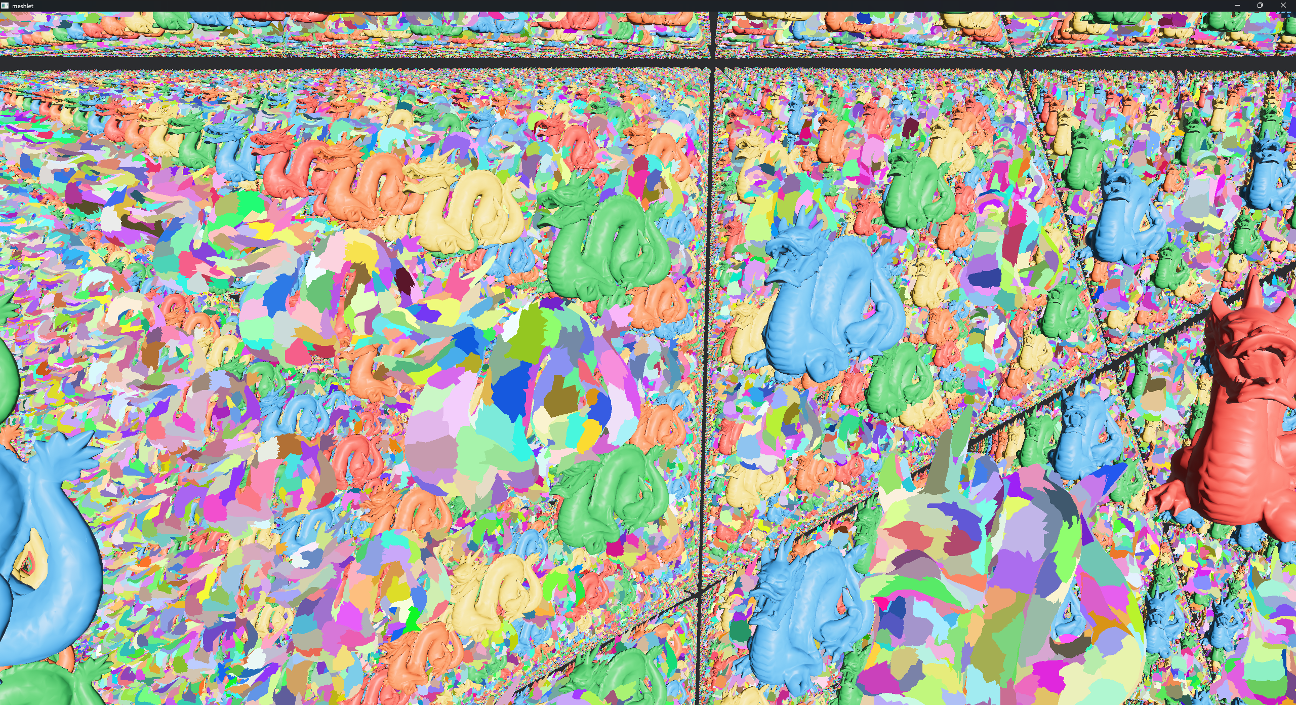 Virtual geometry scene with thousands of dragon meshes